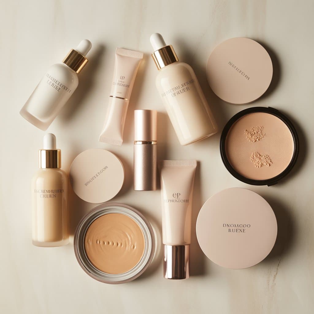 Skincare and makeup products arranged on a cream surface
